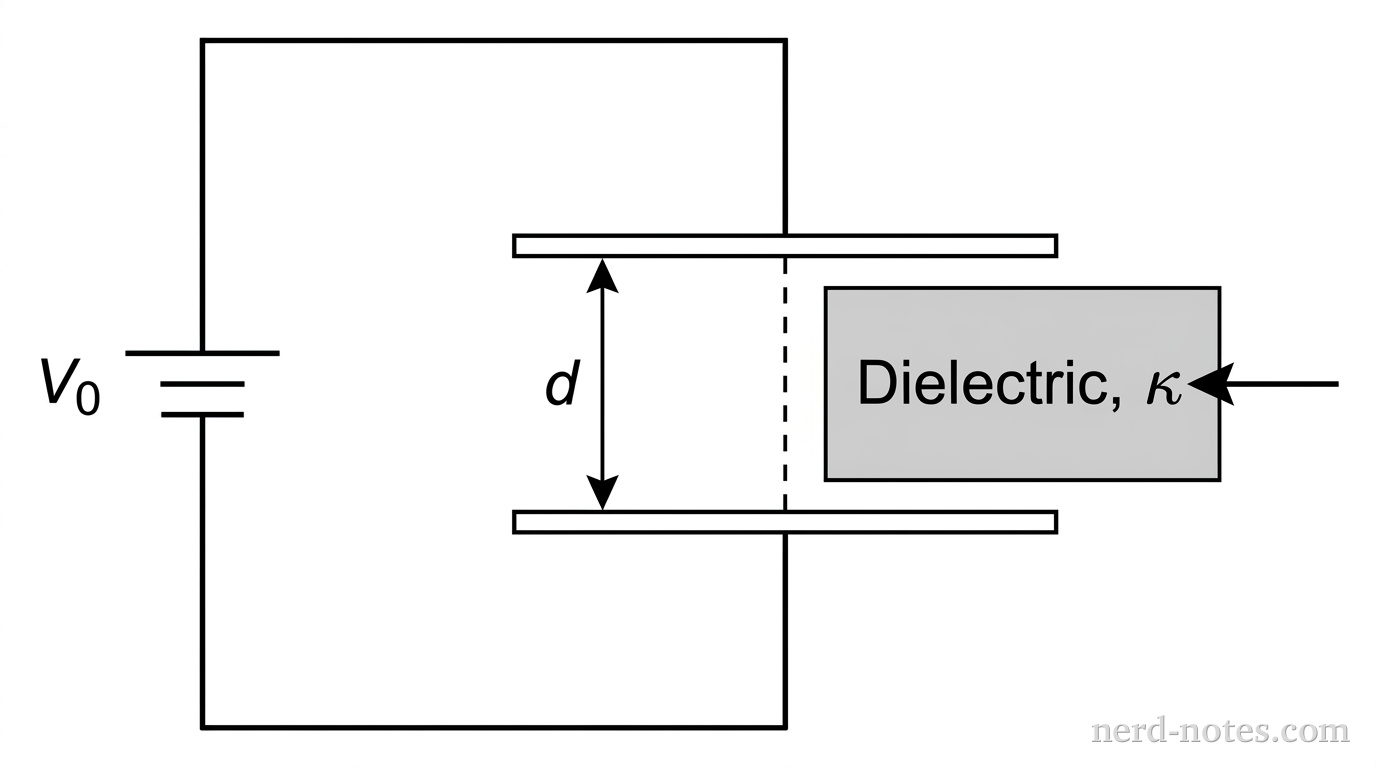 A schematic showing a DC battery with a voltage label \( V_0 \) connected by wires to a parallel-plate capacitor. The capacitor consists of two horizontal, parallel plates. To the right of the plates, a rectangular shaded block labeled 'Dielectric, \( \kappa \)' is shown partially inserted between the plates. A horizontal arrow points to the left from the right edge of the dielectric, indicating its direction of movement into the capacitor gap. Vertical dashed lines with a double-headed arrow indicate the plate separation distance \( d \). No other labels, lines, text, or axes appear.