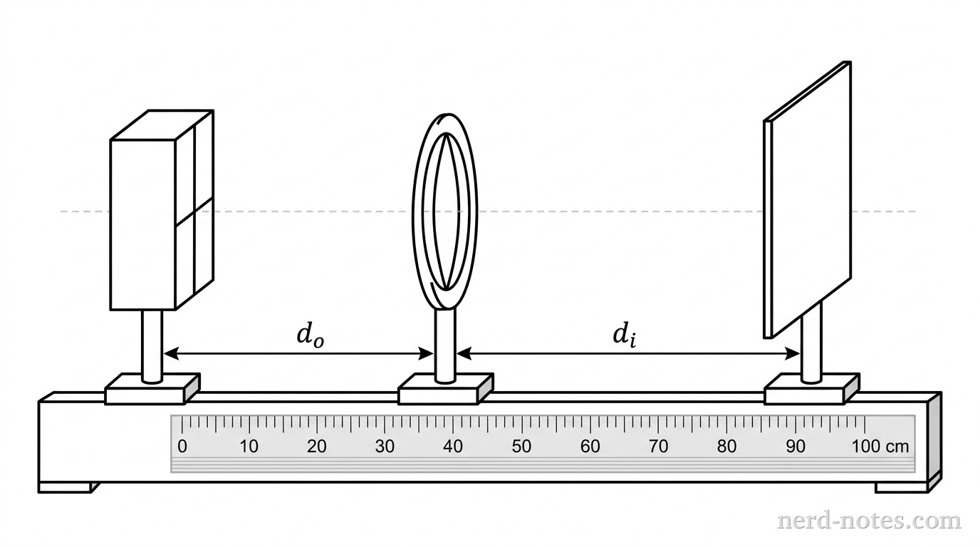 An optics bench extending horizontally. From left to right on the bench are three components: an illuminated object (a box with a crosshair pattern on its right face), a converging lens mounted vertically in a circular holder, and a flat vertical viewing screen. A meterstick runs along the bottom of the bench. The objects are aligned along the same central horizontal optical axis.