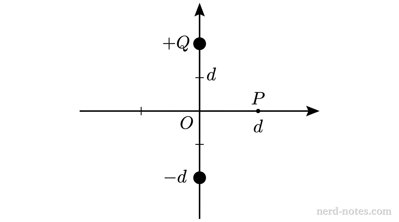 A standard Cartesian coordinate system with a horizontal x-axis and a vertical y-axis. Two filled circles representing point charges, each labeled '\(+Q\)', are located on the y-axis. One is at a tick mark labeled '\(d\)' above the origin, and the other is at a tick mark labeled '\(-d\)' below the origin. The origin is marked and labeled '\(O\)'. A point on the positive x-axis is marked with a small dot and labeled '\(P\)', located at a tick mark labeled '\(d\)'. No other charges, lines, or vectors are present.