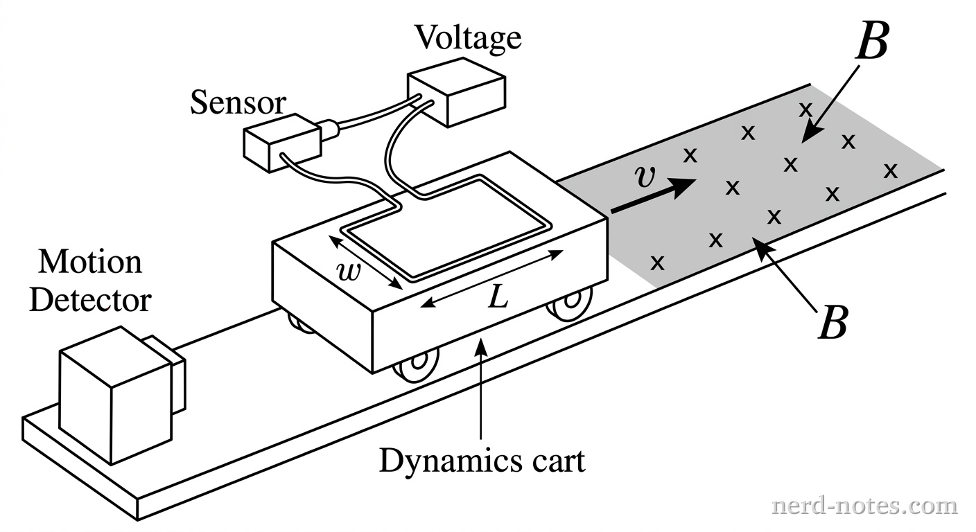 A 3D perspective line drawing of a rectangular dynamics cart on a straight horizontal track. On top of the cart is a flat rectangular wire loop. The side of the loop perpendicular to the track is labeled 'w', and the side parallel to the track is labeled 'L'. Two wires lead from the loop to a small rectangular box labeled 'Voltage Sensor'. A box labeled 'Motion Detector' sits at the far left end of the track, facing the cart. A region of the track to the right of the cart is shaded gray and filled with uniformly spaced 'x' marks indicating a magnetic field directed downward into the track. A large label 'B' points to this region. An arrow labeled 'v' points from the cart to the right, toward the magnetic field region. No other labels, lines, text, or axes appear.