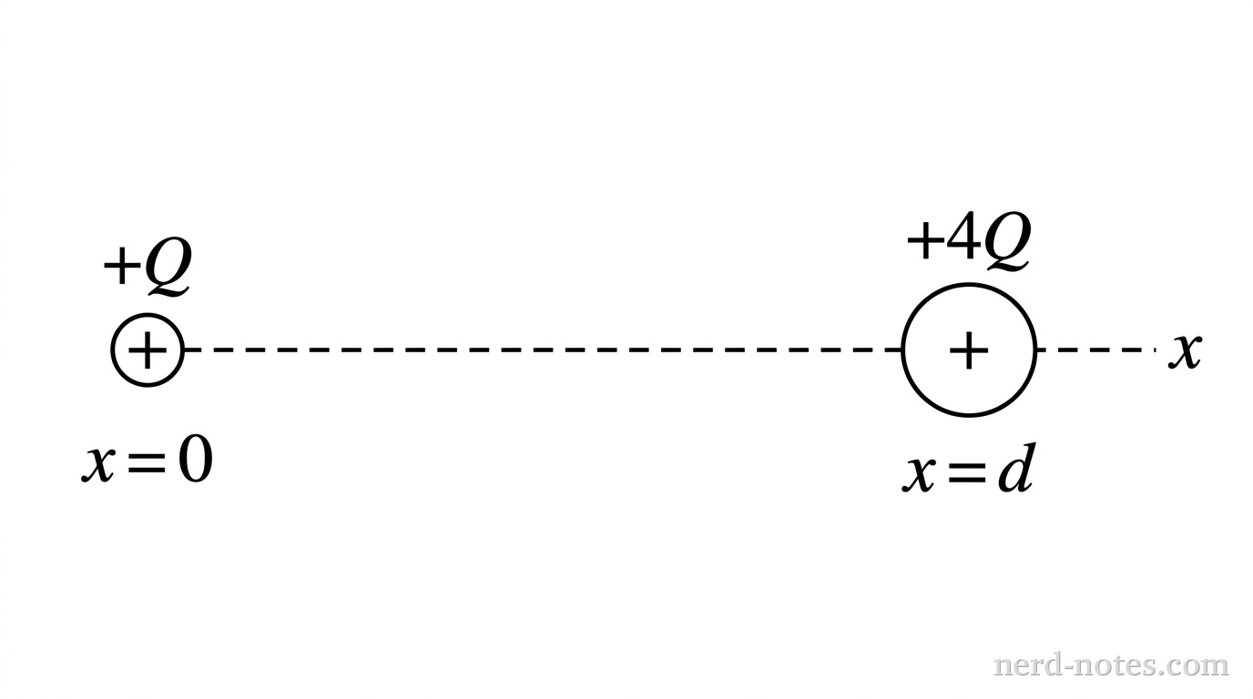 A horizontal dashed line representing the x-axis. A small circle containing a plus sign is located at the left end of the axis and is labeled with text \(+Q\) above it and \(x = 0\) below it. A second small circle containing a plus sign is located further to the right on the axis and is labeled with text \(+4Q\) above it and \(x = d\) below it. No other lines, labels, or axes appear.