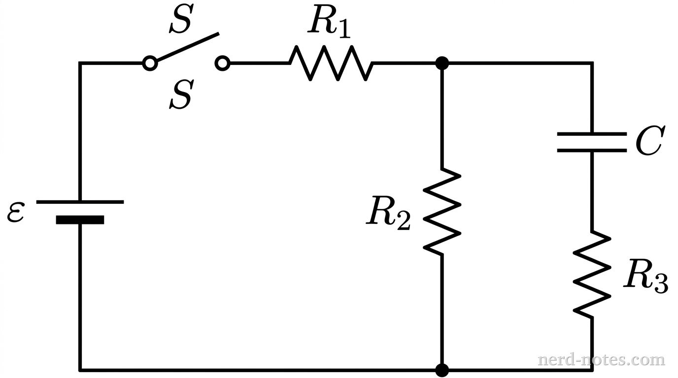 A rectangular circuit diagram. On the left branch is a battery with emf \(\varepsilon\), with the longer positive terminal pointing up. The top branch contains a switch \(S\) and a resistor \(R_1\) to its right. To the right of \(R_1\), the circuit splits into two parallel vertical branches. The middle vertical branch contains resistor \(R_2\). The rightmost vertical branch contains a capacitor \(C\) and a resistor \(R_3\) in series. The bottom branch connects the bottoms of the middle and right vertical branches back to the negative terminal of the battery. No other labels, lines, text, or axes appear.