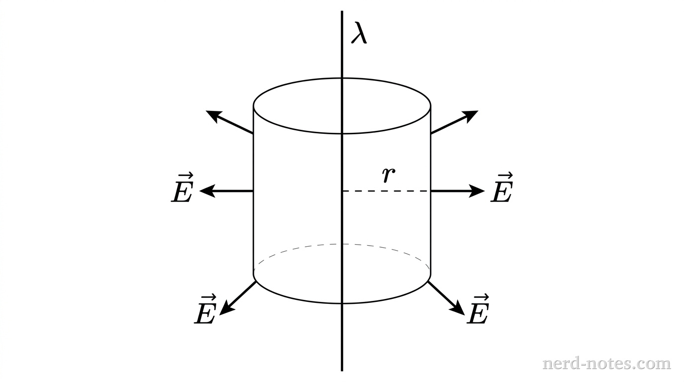 An infinitely long vertical thin line representing a uniform positive line charge labeled with linear charge density \lambda. Coaxial with this line is a closed cylindrical Gaussian surface of radius r and length L drawn with light dashed lines. A radial dashed line labeled r extends horizontally from the central axis to the curved cylindrical wall. Vector arrows labeled \vec{E} point perpendicularly outward from the curved side of the cylinder. No other labels, text, or axes appear.