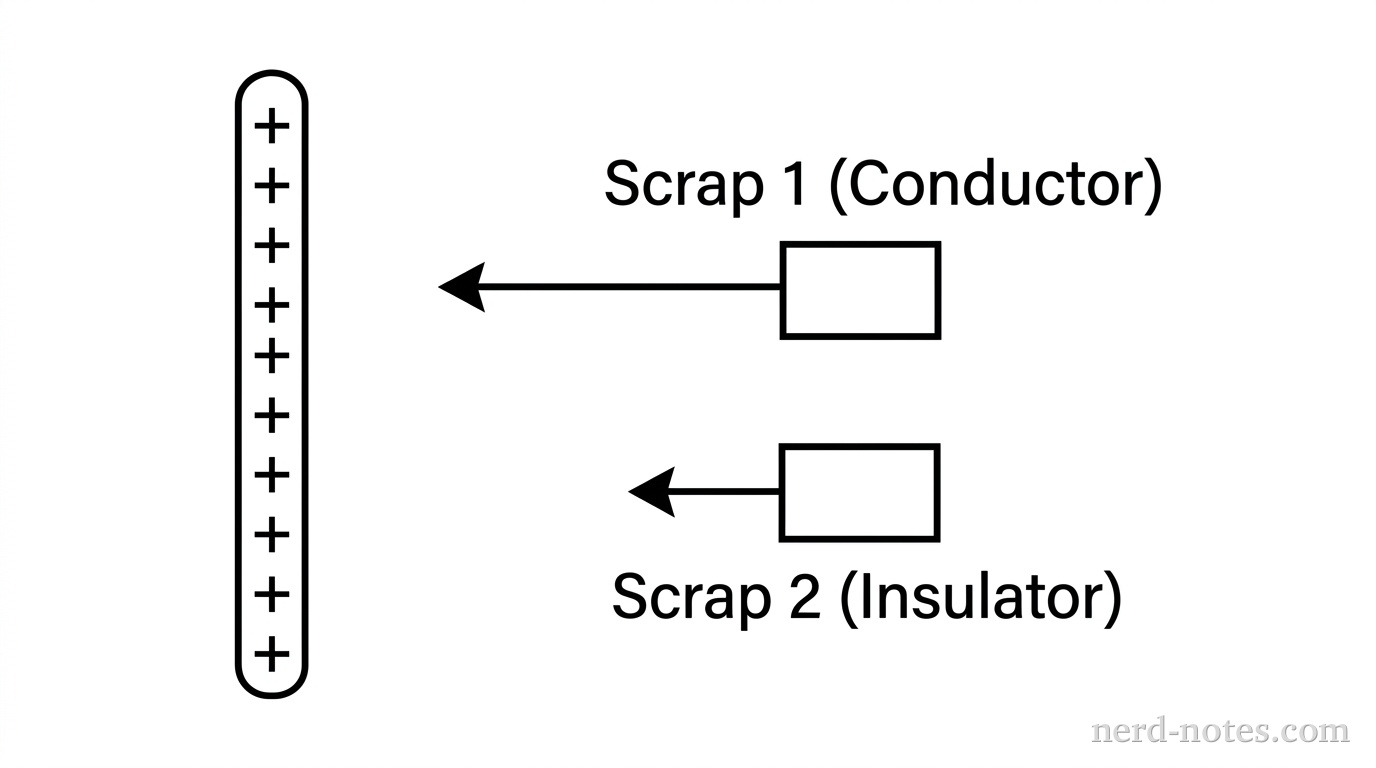 A charged rod near neutral conducting and insulating scraps.