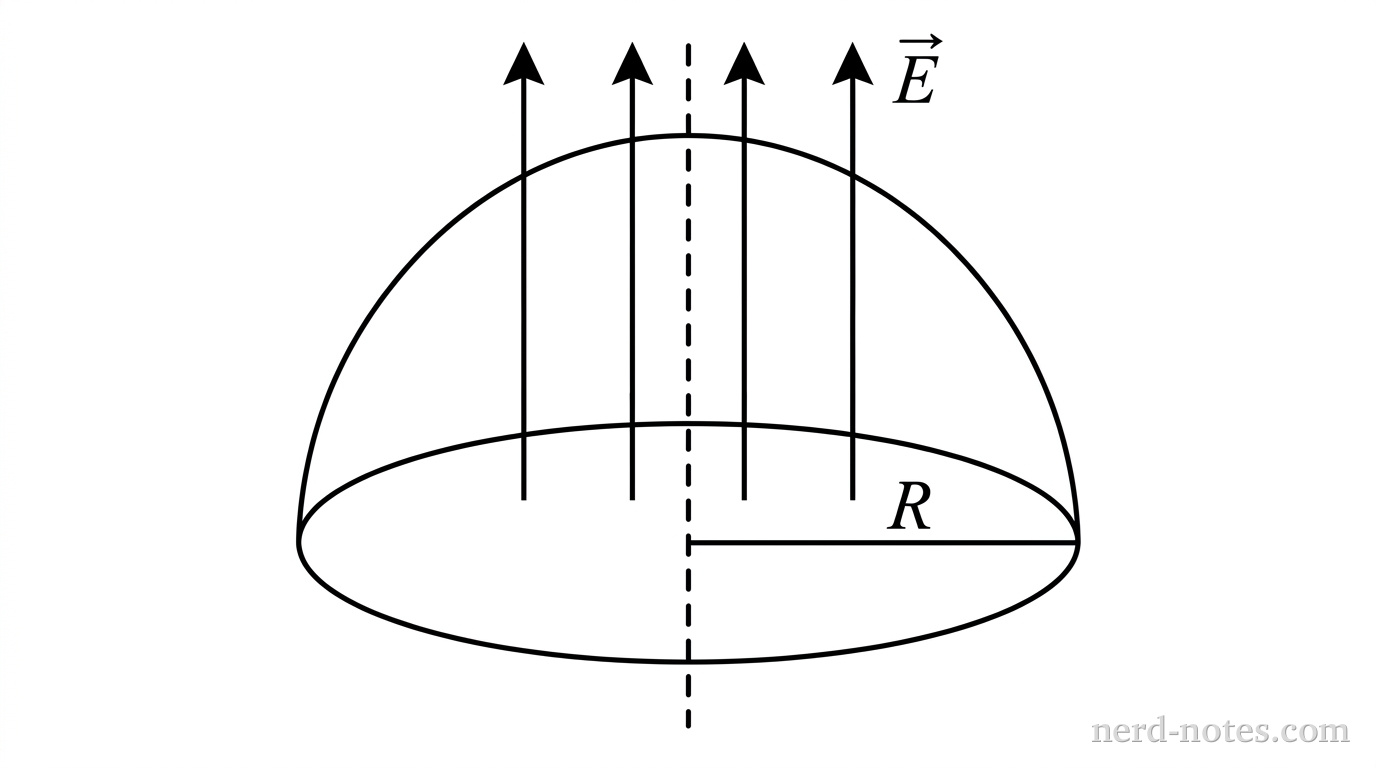 A 3D line drawing showing an open hemispherical bowl with radius R. The circular flat base of the hemisphere lies horizontally, and the curved dome bulges upward. Exactly four vertical parallel arrows, representing a uniform electric field vector \vec{E}, point straight upward, passing vertically through the flat circular open base and exiting through the top of the curved dome. A vertical dashed line marks the central axis of symmetry. A straight horizontal line segment from the center of the circular base to its outer rim is labeled R. The electric field arrows are labeled \vec{E}. No other labels, lines, text, or axes appear.