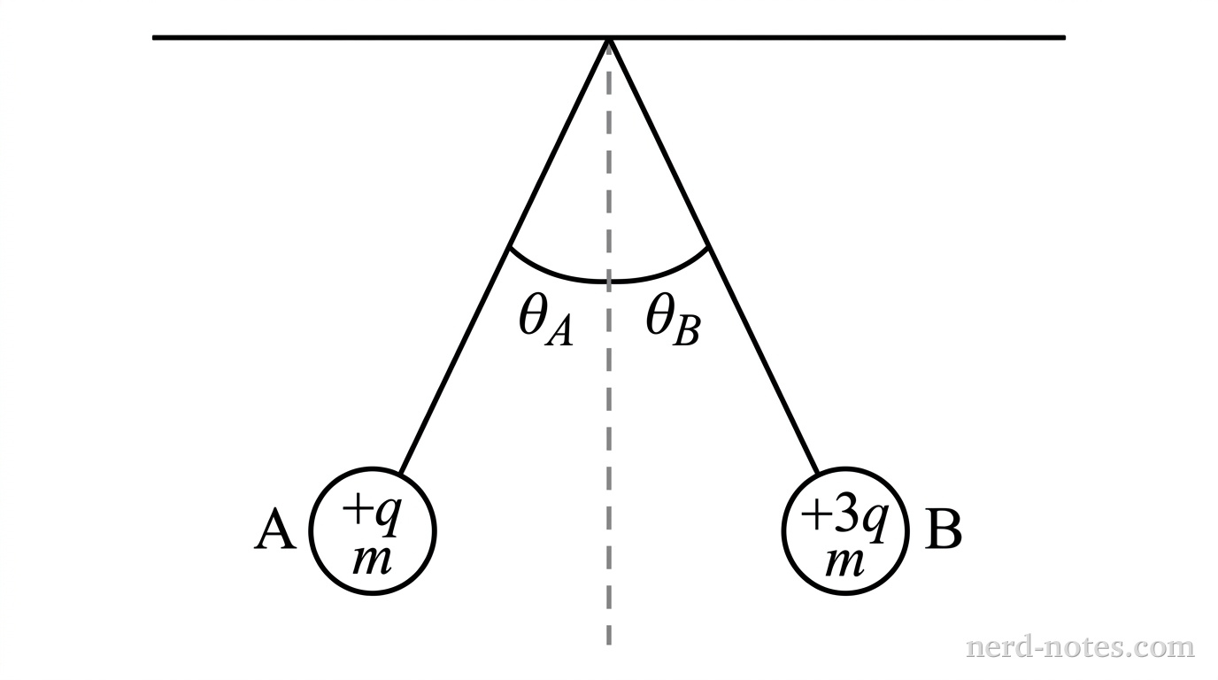 Two charged spheres suspended by light strings from a common point in electrostatic equilibrium.