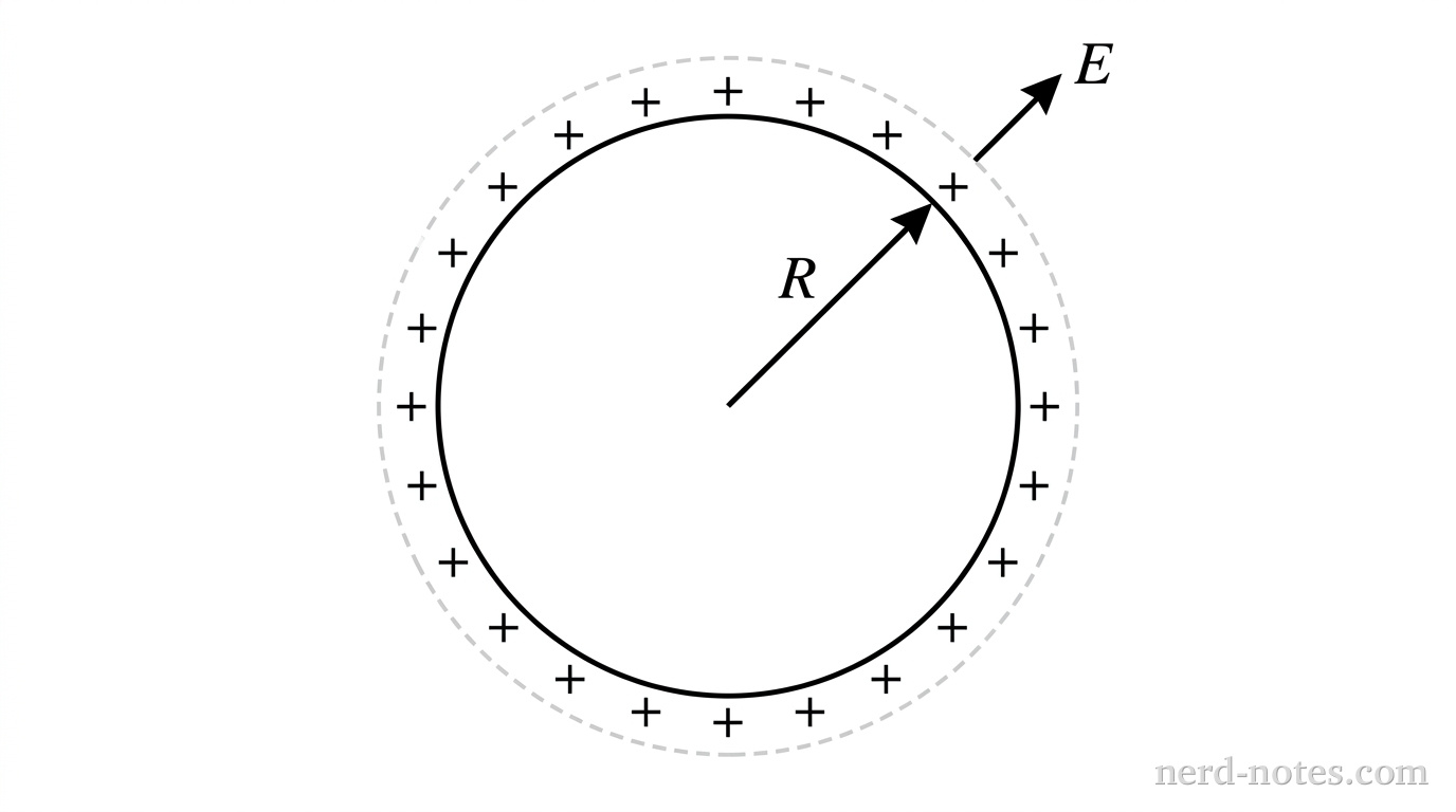 A circle representing a solid conducting sphere of radius R centered at the origin. Small positive plus signs are spaced evenly along the outer boundary of the circle. A dashed concentric circle of radius r slightly greater than R represents a spherical surface just outside the sphere. An arrow labeled R extends from the center to the sphere surface. An arrow labeled E points radially outward from the outer surface. No other labels, lines, text, or axes appear.