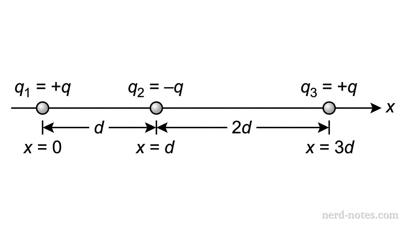 A horizontal straight line representing the x-axis with a rightward arrow at the far end labeled x. Three point charges are drawn as small shaded circles positioned along the axis. The first charge, labeled q_1 = +q, is at x = 0. The second charge, labeled q_2 = -q, is located to the right at x = d. The third charge, labeled q_3 = +q, is located further to the right at x = 3d. Double-ended horizontal dimension arrows show the distance d between x = 0 and x = d, and the distance 2d between x = d and x = 3d. No other labels, lines, text, or axes appear.