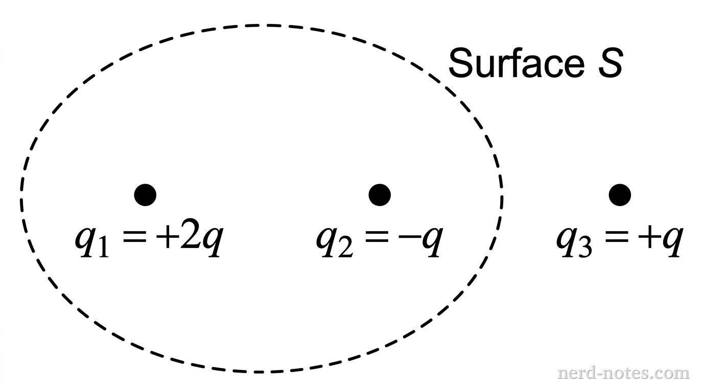 Three point charges and a closed surface S.