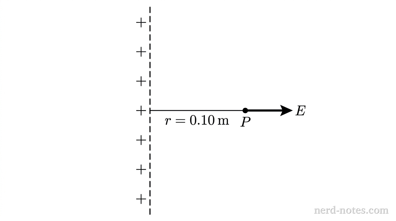 A vertical dashed line representing a thin straight wire is centered on the canvas, marked with positive sign symbols along its length. A perpendicular horizontal line segment extends to the right from the wire, ending at a point labeled P. The horizontal segment is labeled r = 0.10 m. An arrow labeled E points horizontally to the right from point P. No other labels, lines, text, or axes appear.