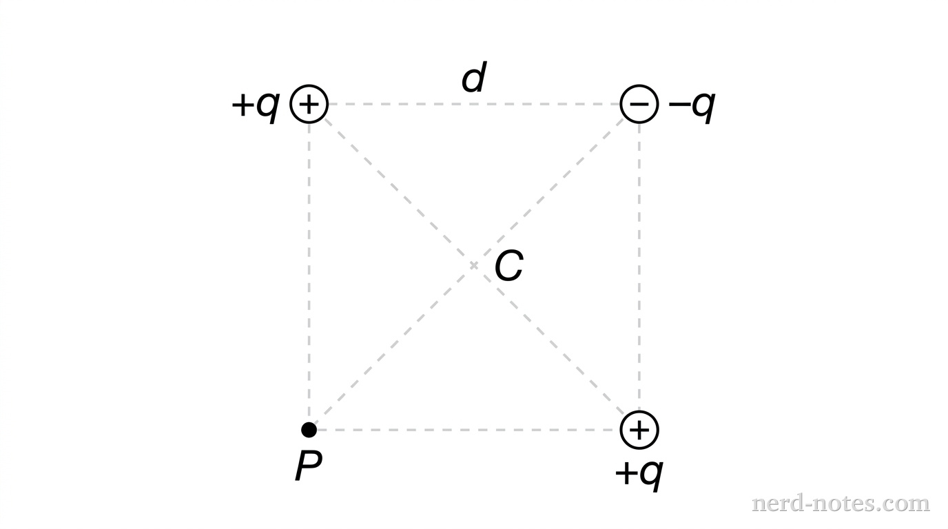 A square outline with side length d on a white background. At the top-left vertex, a small circle contains a plus sign and is labeled +q. At the top-right vertex, a small circle contains a minus sign and is labeled -q. At the bottom-right vertex, a small circle contains a plus sign and is labeled +q. At the bottom-left vertex, a small solid black dot is labeled P. Dashed light-gray lines connect diagonally opposite corners of the square, intersecting at a central point labeled C. No other labels, lines, text, or axes appear.