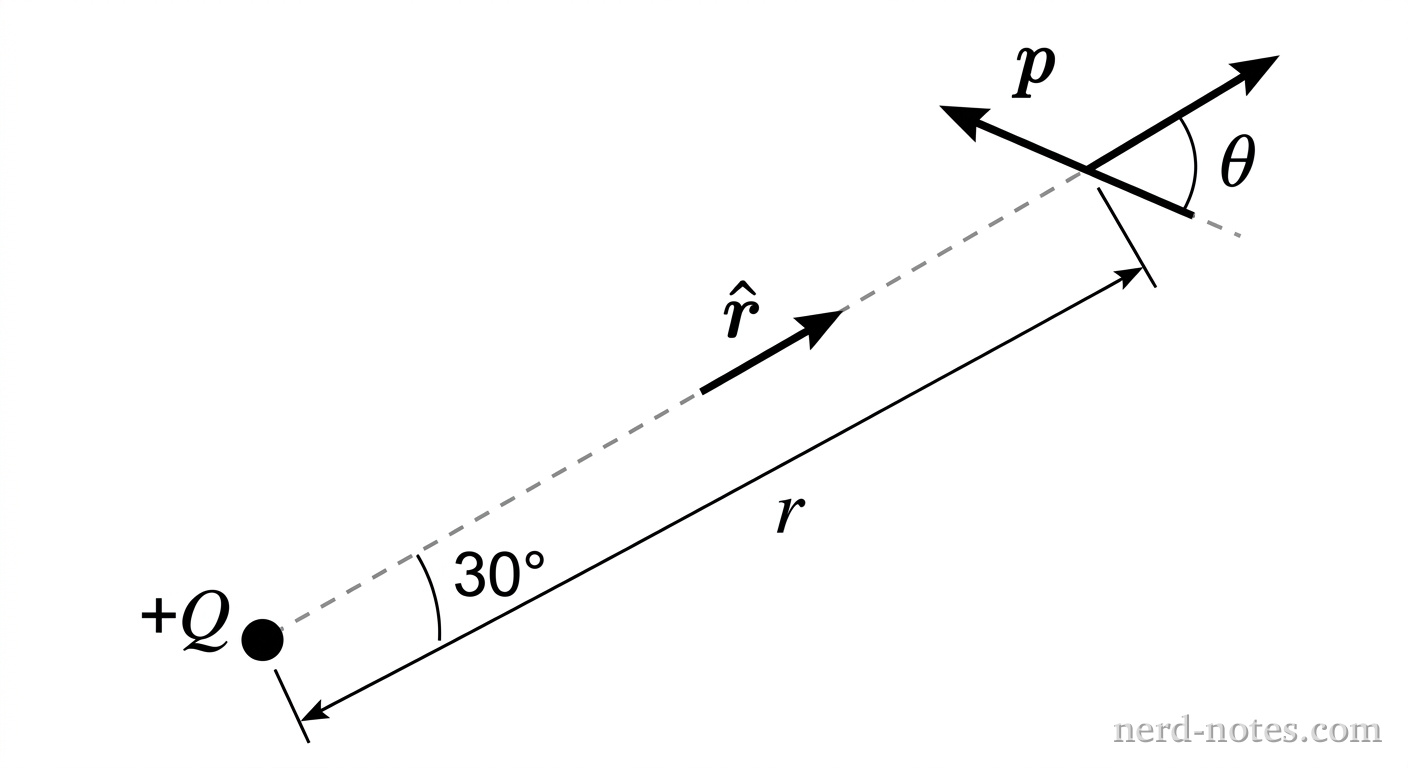 A point charge labeled +Q sits at the origin. A dashed radial line extends outward to the upper right at a 30 degree angle to the horizontal, ending at a center point labeled r from +Q. At this center point, a small electric dipole vector p is drawn as an arrow making an angle \theta with the dashed radial line. An outward unit vector \hat{r} is shown along the dashed line pointing away from +Q. No other labels, lines, text, or axes appear.