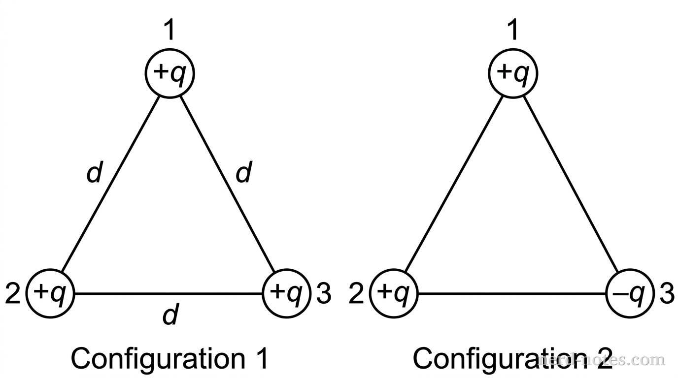 Initial and modified charge configurations on an equilateral triangle.