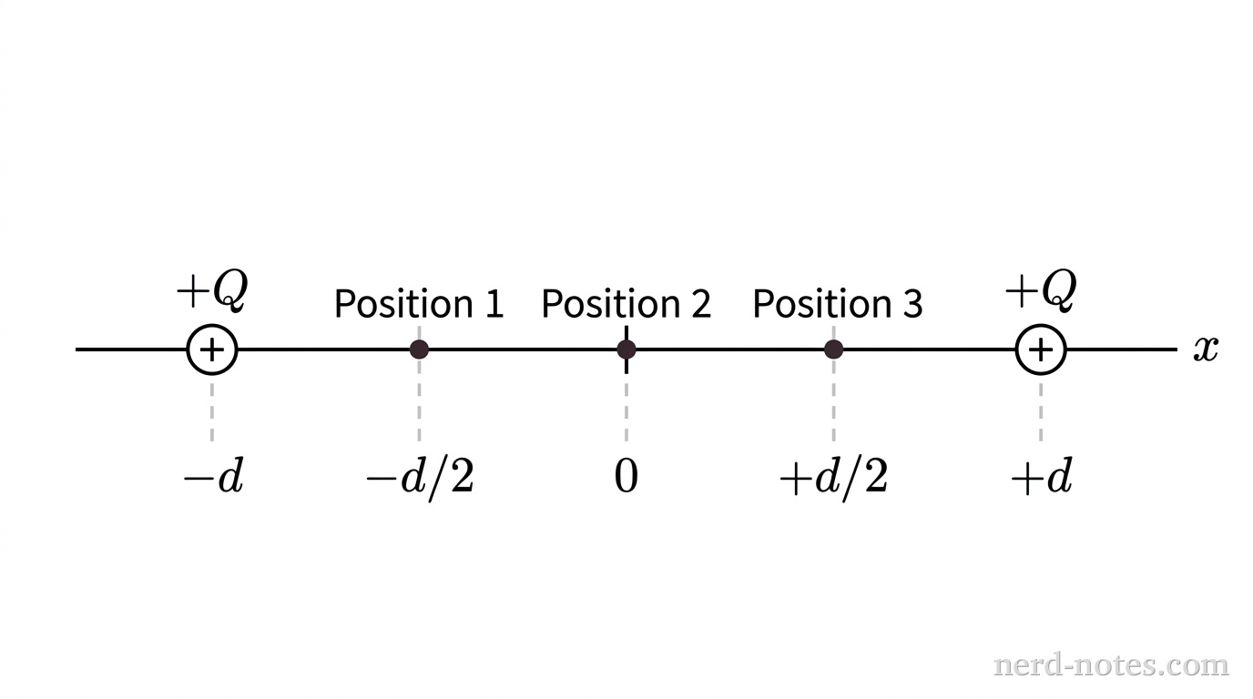 Two point charges on the x-axis with labeled test positions.