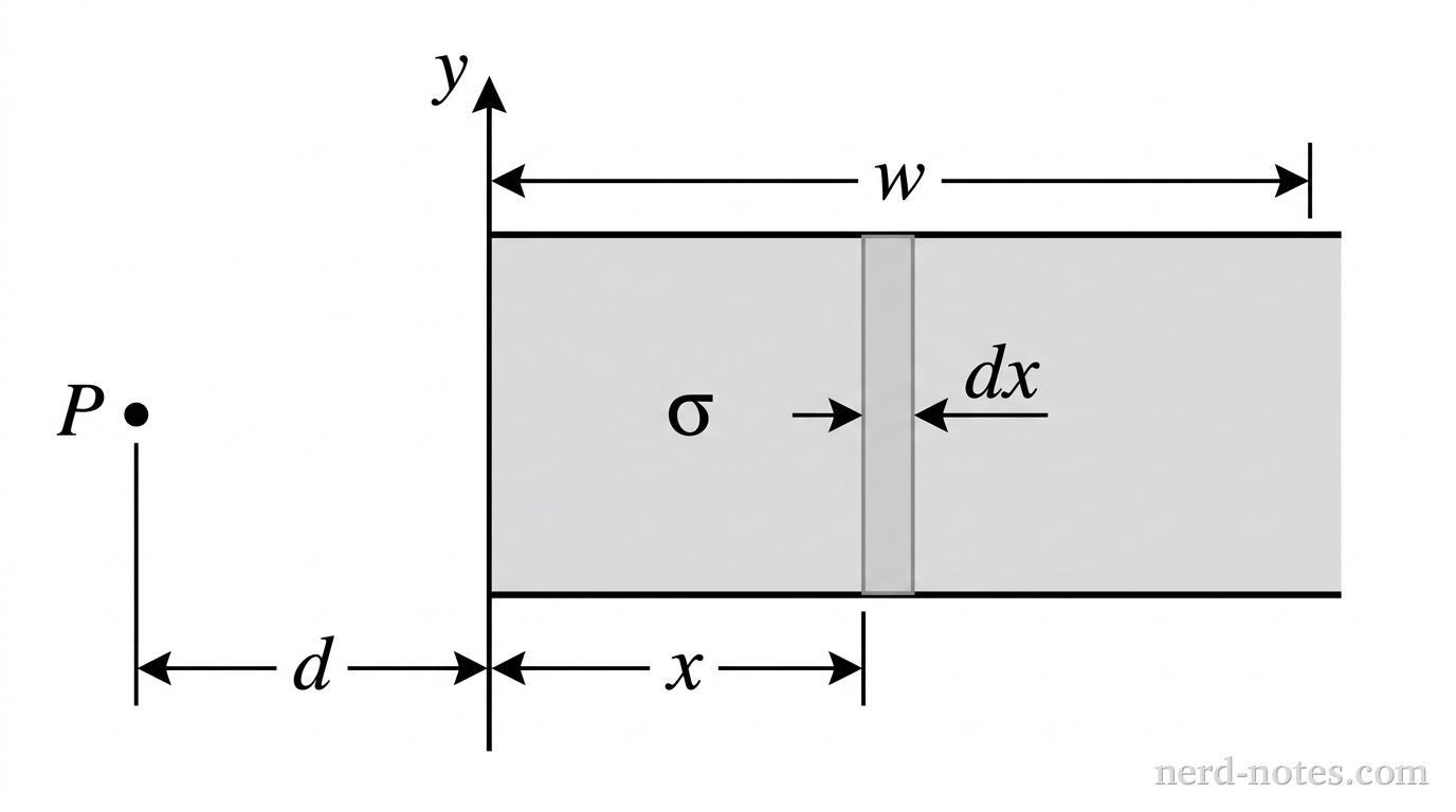 A flat shaded rectangular strip representing a ribbon in the xy-plane, extending vertically along the y-axis and spanning horizontally from x = 0 to x = w along the x-axis. The ribbon is labeled with surface charge density \sigma. A point P is marked on the negative x-axis at distance d from the edge x = 0. A vertical strip element of width dx is highlighted inside the ribbon at horizontal distance x from the origin. No other labels, lines, text, or axes appear.