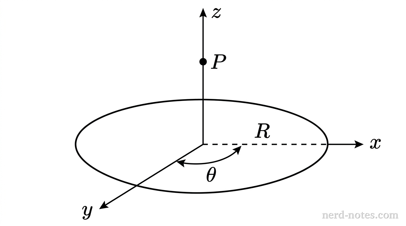 A circular ring of radius \(R\) is rendered as a flat tilted ellipse centered at the origin of a three-dimensional Cartesian coordinate system. The horizontal axis extending to the right is labeled \(x\), the diagonal axis extending down and to the left is labeled \(y\), and the vertical axis extending straight up is labeled \(z\). The ring sits in the horizontal \(xy\)-plane. On the positive \(z\)-axis, a small solid black dot is plotted at a height \(z\) above the origin and is labeled \(P\). A dashed line segment of length \(R\) extends from the origin along the positive \(x\)-axis to the right edge of the ring, labeled \(R\). A curved arrow in the \(xy\)-plane indicates a polar angle \(\theta\) swept counterclockwise from the positive \(x\)-axis toward the positive \(y\)-axis. No other labels, lines, text, or axes appear.