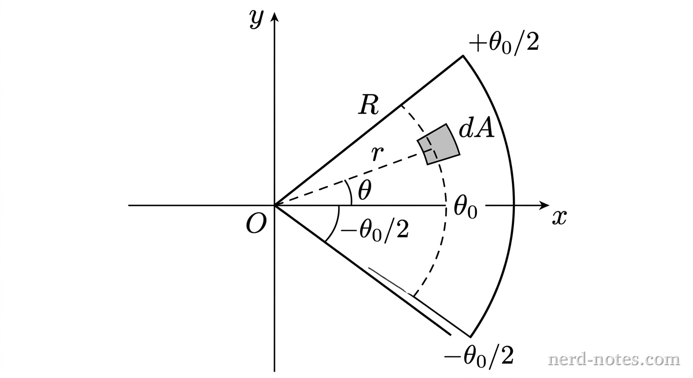A two-dimensional Cartesian xy-plane with origin labeled O. In the positive x region, a circular wedge sector of radius R extends symmetrically above and below the x-axis from angle -\theta_0/2 to +\theta_0/2. The curved outer boundary of the wedge is at radius R. A dashed angle arc indicates the total angular span \theta_0 centered on the x-axis. A small shaded differential area element dA is shown at radial position r and angle \theta relative to the x-axis. A straight dashed line segment of length r connects origin O to dA. No other labels, lines, text, or axes appear.