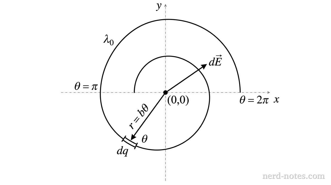 A 2D schematic in the xy-plane showing a thin spiral wire starting at polar angle \theta = \pi on the negative x-axis at radius r = b\pi and winding counterclockwise to angle \theta = 2\pi on the positive x-axis at radius r = 2b\pi. The origin (0,0) is marked with a black dot labeled (0,0). The spiral wire is labeled with charge density \lambda_0. A small segment dq on the spiral at an arbitrary angle \theta in the third quadrant is highlighted, with a position vector \vec{r} pointing from the origin to dq labeled r = b\theta. An electric field vector d\vec{E} originates at (0,0) and points opposite to \vec{r}. Dashed coordinate axes x and y are shown. No other labels, lines, or text appear.
