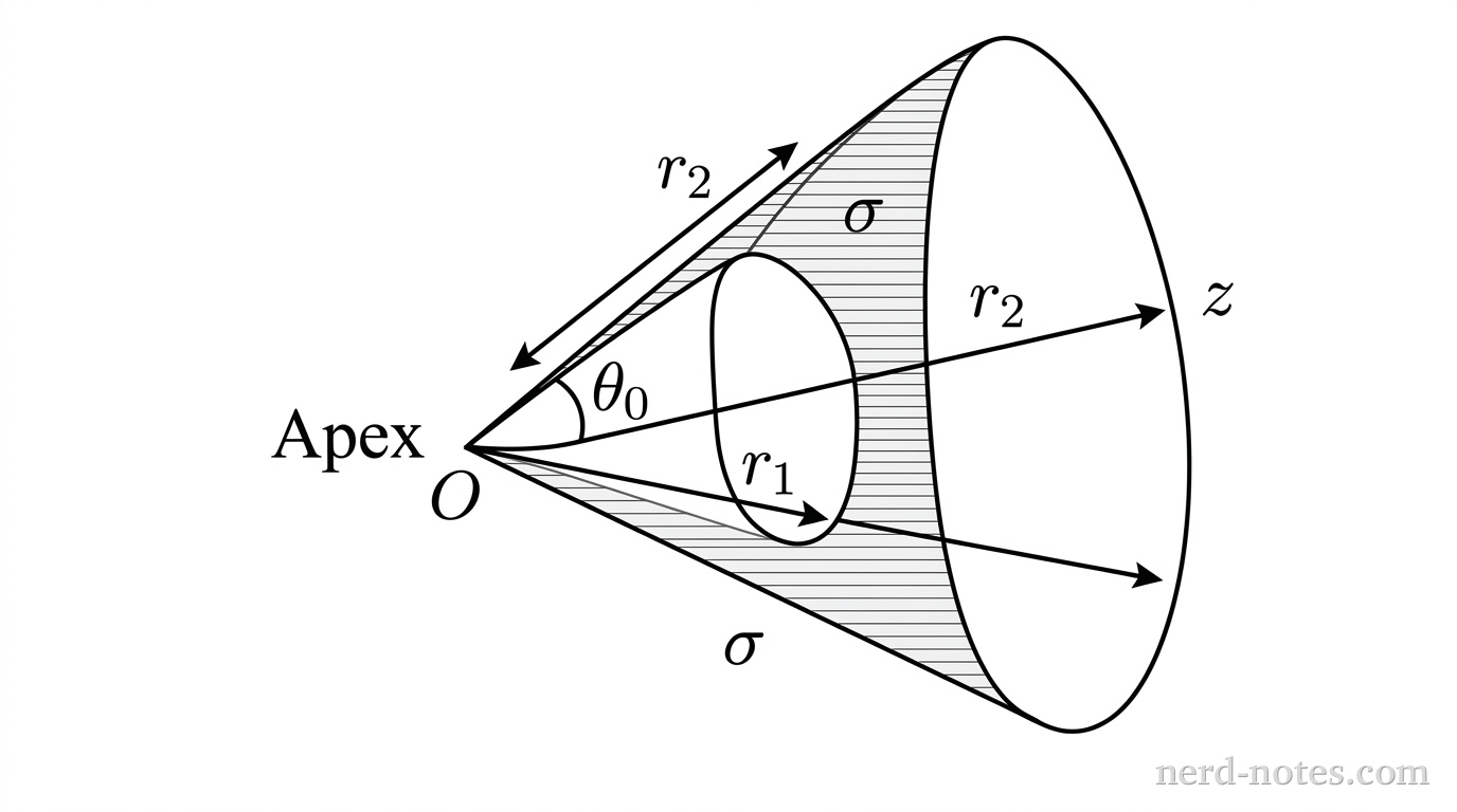 A 3D perspective diagram showing a hollow truncated cone aligned symmetrically along the positive z-axis, with its imaginary apex located at the origin O. The half-angle at the apex is labeled \theta_0, measured between the central z-axis and the sloped side of the cone. The inner boundary of the truncated cone is a circle at slant distance r_1 from the origin O, and the outer boundary is a larger circle at slant distance r_2 from the origin O. The sloped surface between r_1 and r_2 is shaded lightly and labeled with uniform surface charge density \sigma. The point at the origin is labeled 'Apex'. No other vectors, field lines, or axes appear.