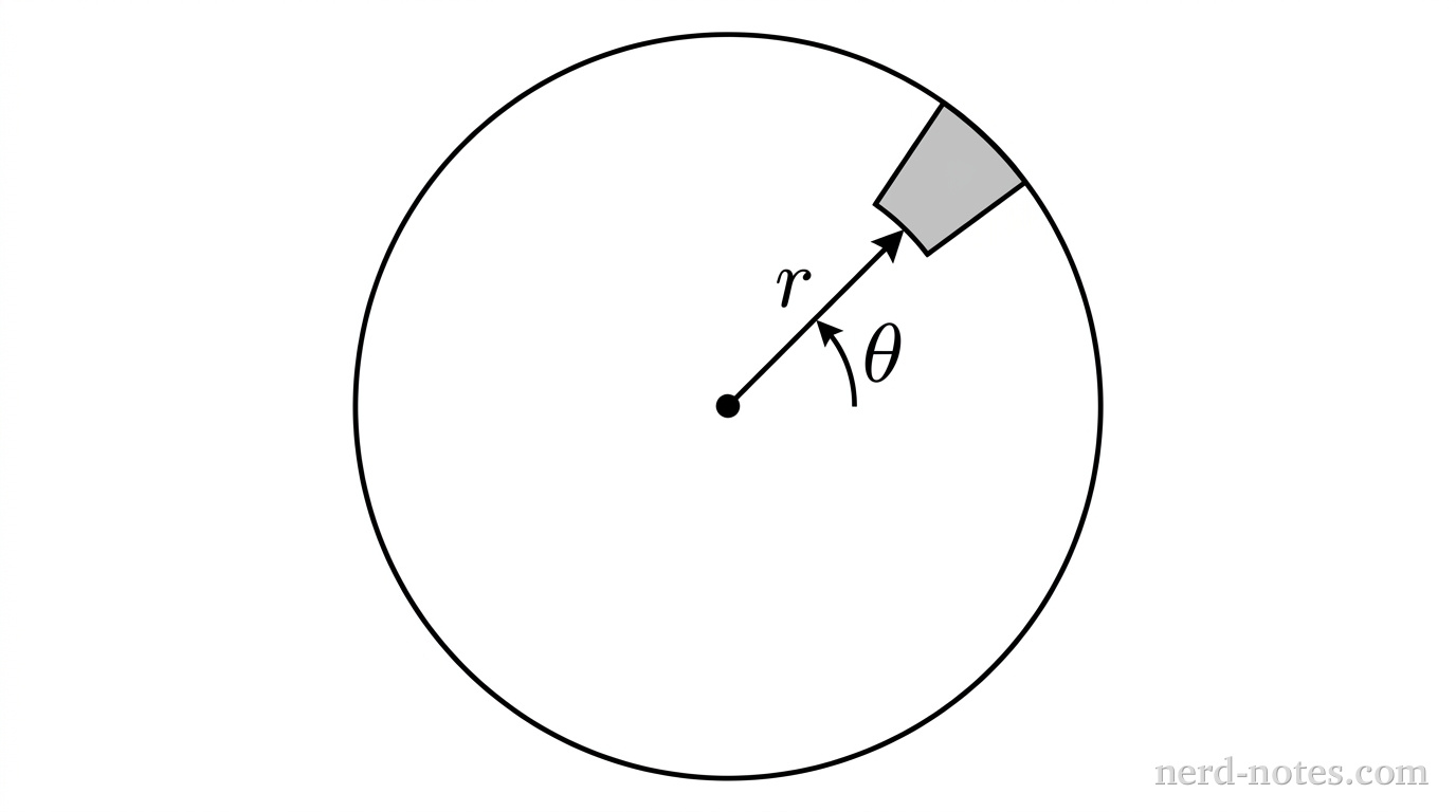 A circular disk of radius R centered at the origin in the xy-plane. The x-axis extends horizontally to the right and the y-axis extends vertically upward. In the first quadrant, a small shaded differential sector element is shown at radius r and angle theta relative to the positive x-axis. A dashed radial line segment labeled r extends from the origin to the element. A curved arrow labeled theta indicates the angle counterclockwise from the positive x-axis to the radial line. No other labels, lines, text, or axes appear.
