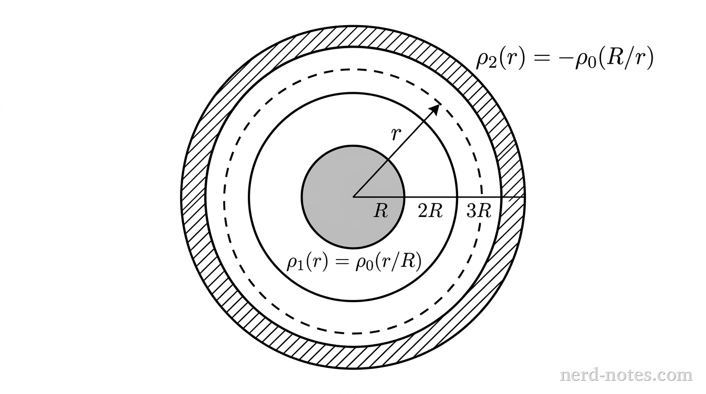 Cross-sectional view of concentric spherical regions centered at the origin. At the center is a solid shaded circle of radius R labeled with charge density \rho_1(r) = \rho_0(r/R). Surrounding it is a region of empty space extending from radius R to 2R. Next is a thick spherical shell extending from inner radius 2R to outer radius 3R, filled with hatch lines and labeled with charge density \rho_2(r) = -\rho_0(R/r). A dashed circular Gaussian surface of radius r sits in the region between 2R and 3R. A radial arrow from the origin to the dashed circle is labeled r. No other labels, lines, text, or axes appear.