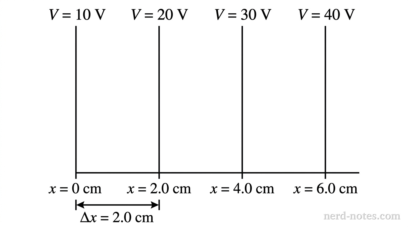 Equipotential lines spaced horizontally in a uniform field region.