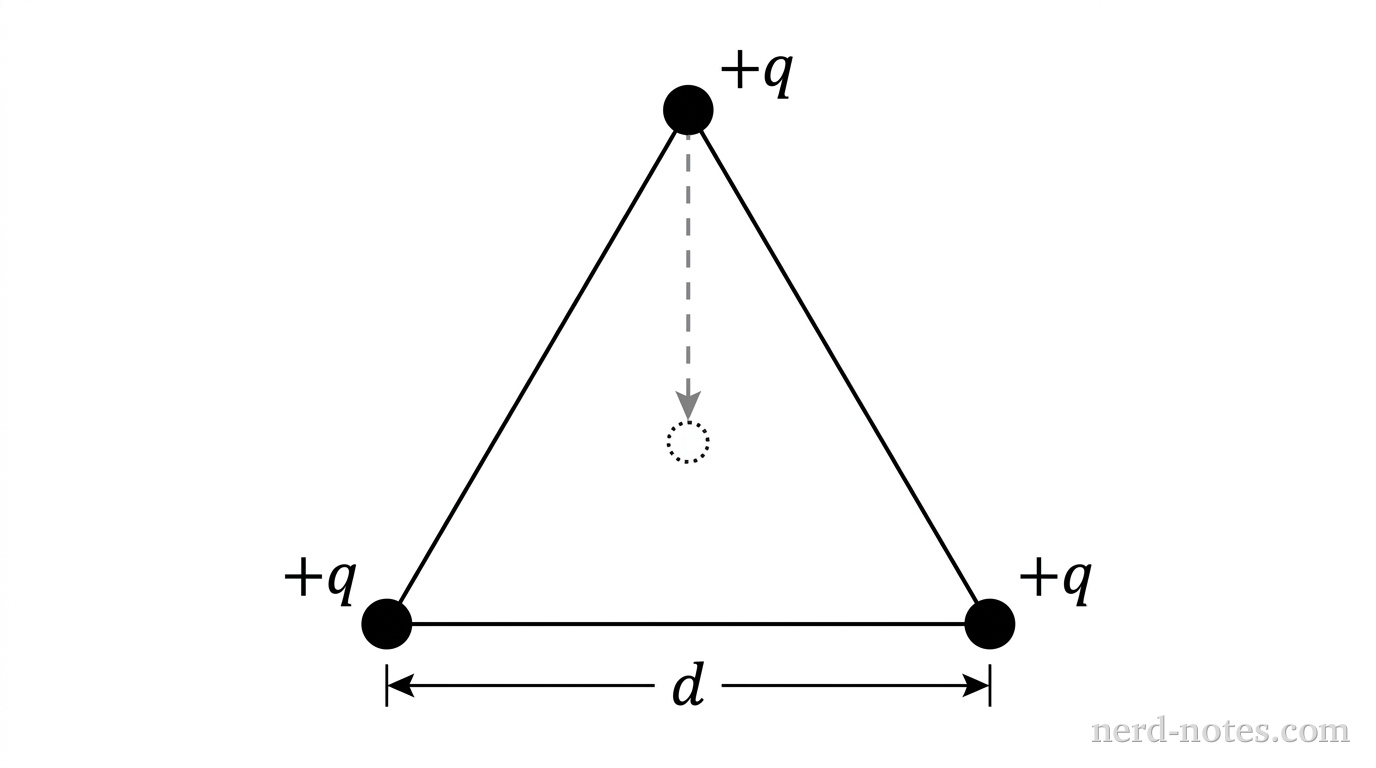 An equilateral triangle with side length d is drawn with thin lines. Three filled black circles representing positive point charges, each labeled +q, are positioned at the three vertices. A dashed gray line with an arrowhead extends from the top vertex to the geometric center of the triangle, where a small hollow dotted circle indicates the new position. A dimension line labeled d marks the bottom side of the triangle. No other labels, lines, text, or axes appear.