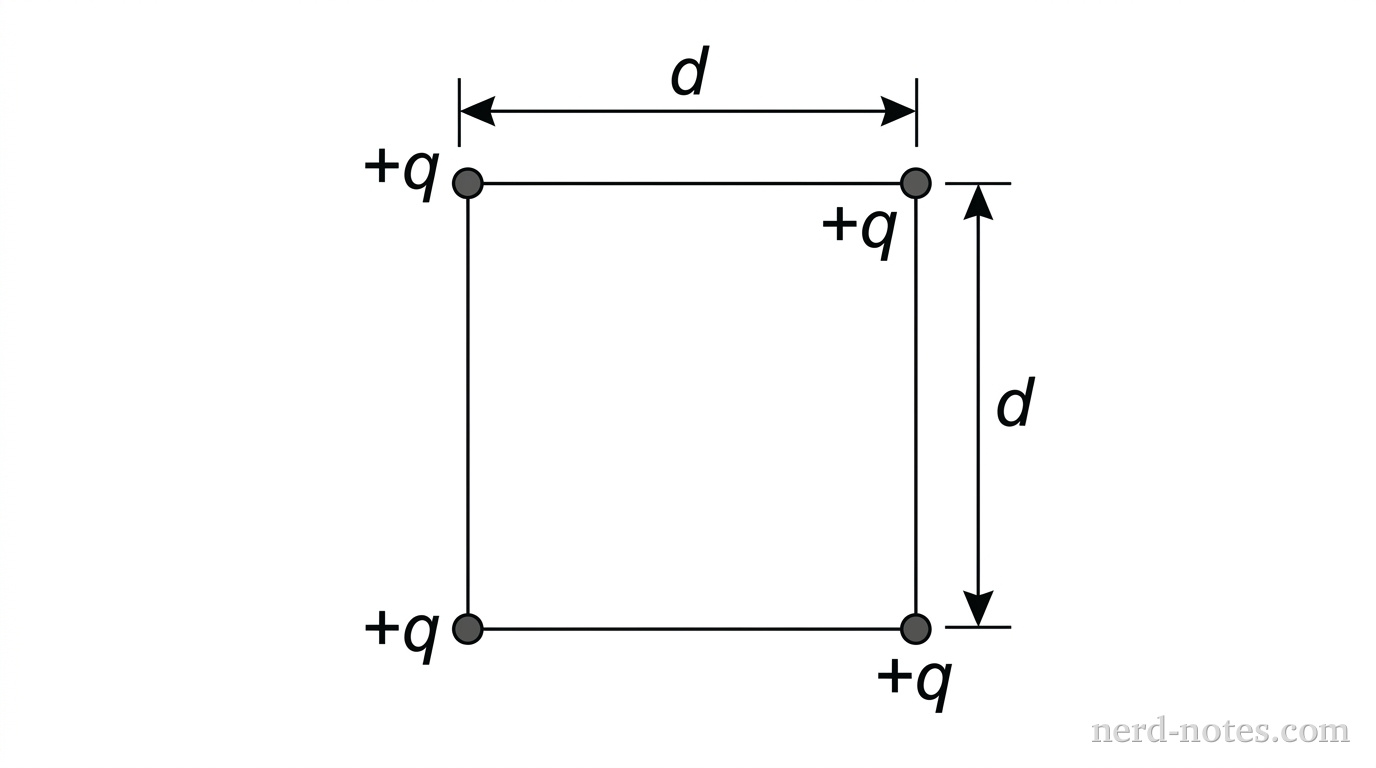 A square arrangement of four identical point charges. Four small filled circles are located at the four corners of a square of side length d, each labeled +q. Double-headed dimension arrows indicate the length of each horizontal and vertical side as d. No other lines or axes appear.