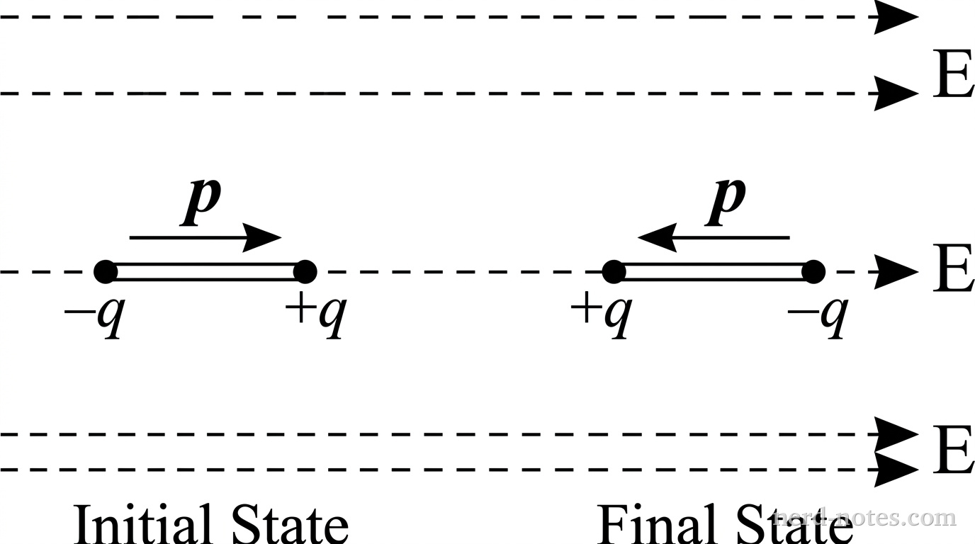 A horizontal diagram showing two configurations of an electric dipole in a uniform electric field. Three parallel horizontal dashed lines with rightward arrowheads represent a uniform electric field labeled E. On the left side, labeled Initial State, a dipole is depicted as a short rod with a positive charge labeled +q on its right end and a negative charge labeled -q on its left end, with a vector arrow labeled p pointing to the right parallel to E. On the right side, labeled Final State, the dipole is depicted with its ends reversed so +q is on the left and -q is on the right, with vector arrow p pointing to the left antiparallel to E. No other labels, lines, text, or axes appear.