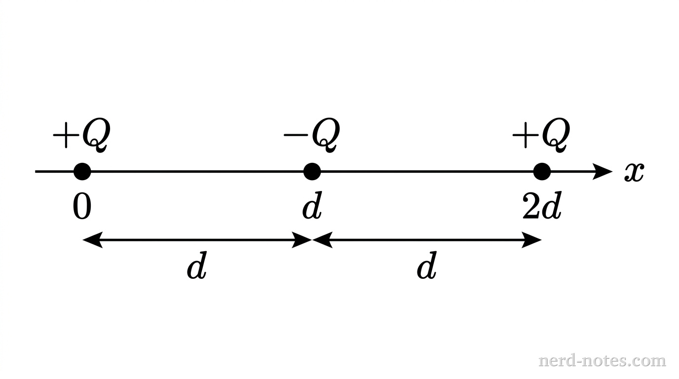A horizontal axis labeled x with three point charges rendered as small filled circles. The leftmost charge is labeled +Q and is positioned at x = 0. The middle charge is labeled -Q and is positioned at x = d. The rightmost charge is labeled +Q and is positioned at x = 2d. A double-headed horizontal arrow below the x-axis spans from x = 0 to x = d with the label d directly below it. A second double-headed horizontal arrow below the x-axis spans from x = d to x = 2d with the label d directly below it. No other labels, lines, text, or axes appear.
