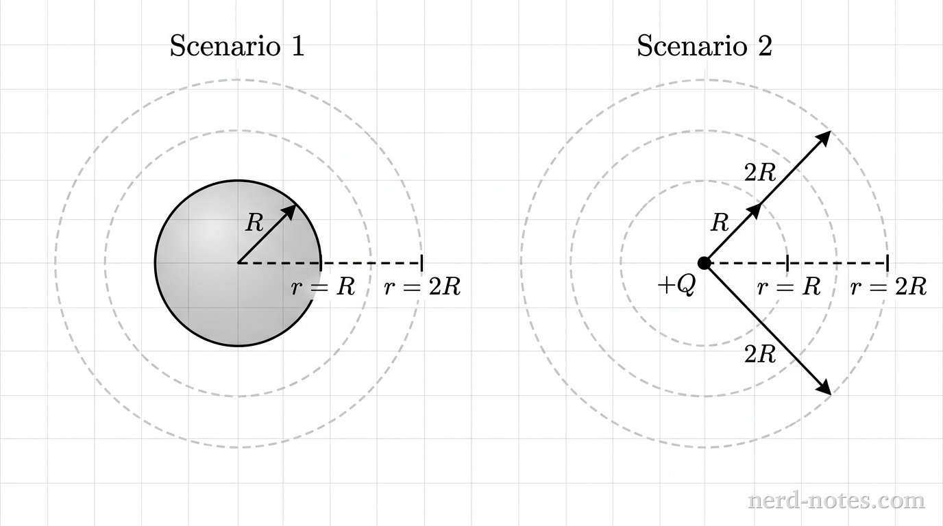 Two side-by-side scenarios labeled Scenario 1 and Scenario 2. On the left, Scenario 1 shows a shaded circle of radius R centered at the origin, labeled +Q. Dashed concentric circular paths of radii R and 2R encircle the center. A horizontal dashed line extends from the center outward to the right, with tick marks labeled r = R and r = 2R. On the right, Scenario 2 shows a small solid dot representing a point charge, labeled +Q. Dashed concentric circular paths of radii R and 2R surround the point charge, with a horizontal dashed line extending to the right with tick marks labeled r = R and r = 2R. No other labels, lines, text, or axes appear.