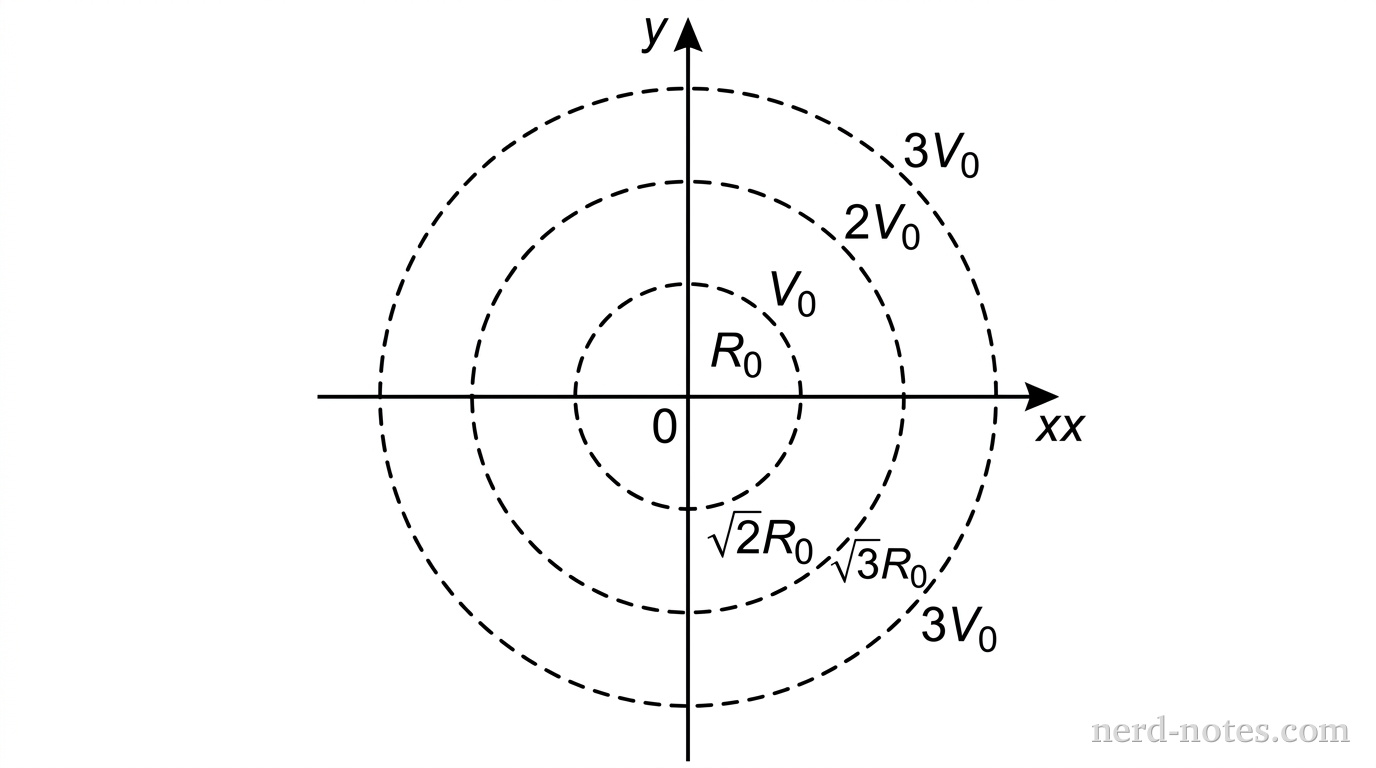 A 2D coordinate plot centered at the origin showing three concentric dashed circular lines representing equipotential curves. The innermost circle of radius R_0 is labeled V_0. The second circle of radius \sqrt{2}R_0 is labeled 2V_0. The third circle of radius \sqrt{3}R_0 is labeled 3V_0. The axes are labeled x and y. No other labels, lines, text, or arrows appear.
