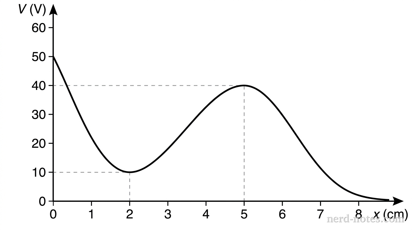 Electric potential V versus position x along the x-axis.