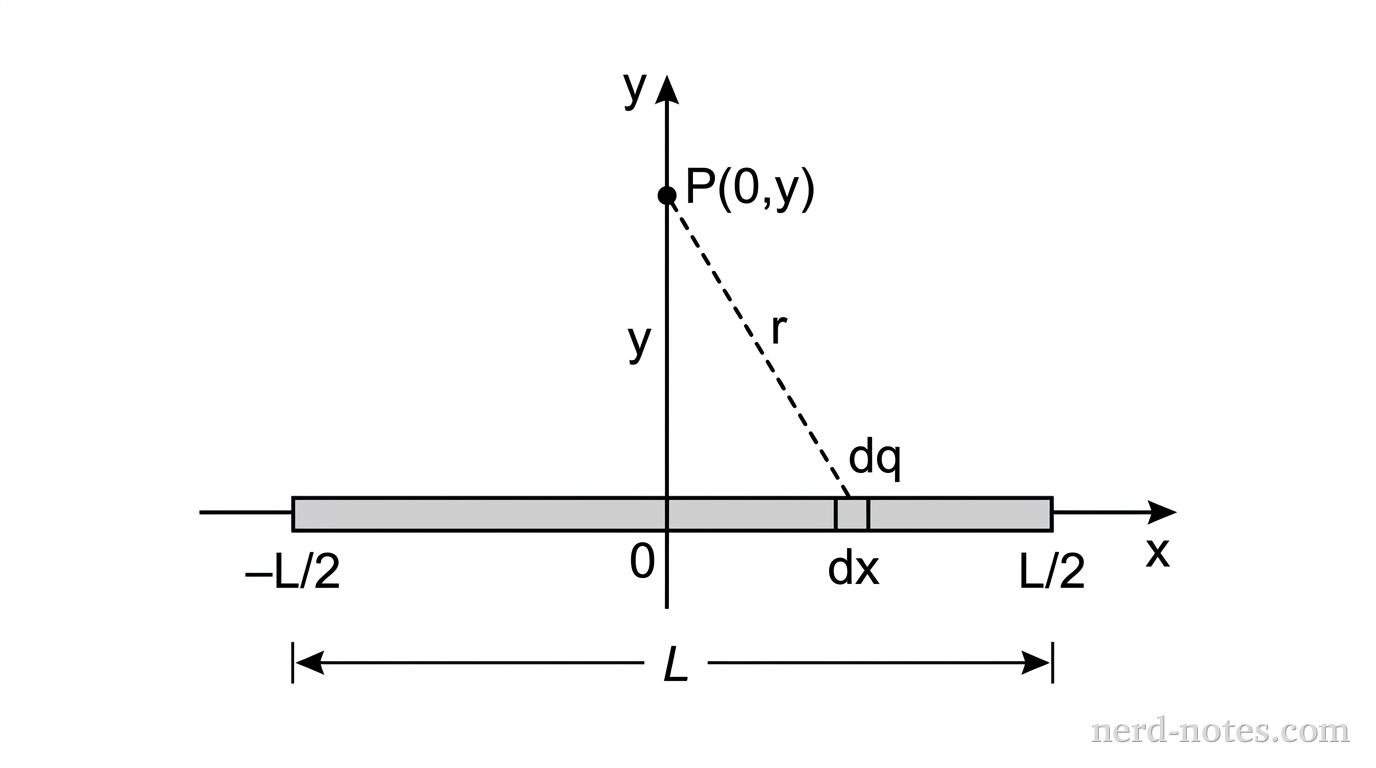 A Cartesian coordinate system with a horizontal x-axis and a vertical y-axis meeting at origin (0,0). A thin horizontal rod of length L lies along the x-axis, extending from x = -L/2 to x = L/2. Point P is located on the positive y-axis at distance y from the origin, labeled P(0,y). A small differential segment of length dx is highlighted on the x-axis at coordinate x, labeled with charge dq. A straight dashed line segment connects this differential segment dq to point P and is labeled r. No other labels, lines, text, or axes appear.