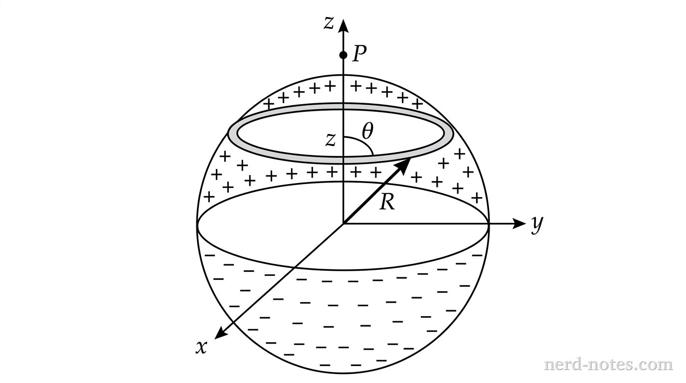 A spherical shell of radius \(R\) centered at the origin of a 3D Cartesian axis system. A vertical line along the \(z\)-axis extends upward to a point labeled \(P\) at a distance \(z\) from the origin. A narrow circular ring on the upper hemisphere of the shell is highlighted at a polar angle \(\theta\) from the positive \(z\)-axis. An arrow labeled \(R\) extends from the origin to the outer edge of this ring element. Plus signs are distributed across the upper hemisphere and minus signs are distributed across the lower hemisphere. No other labels, lines, text, or axes appear.
