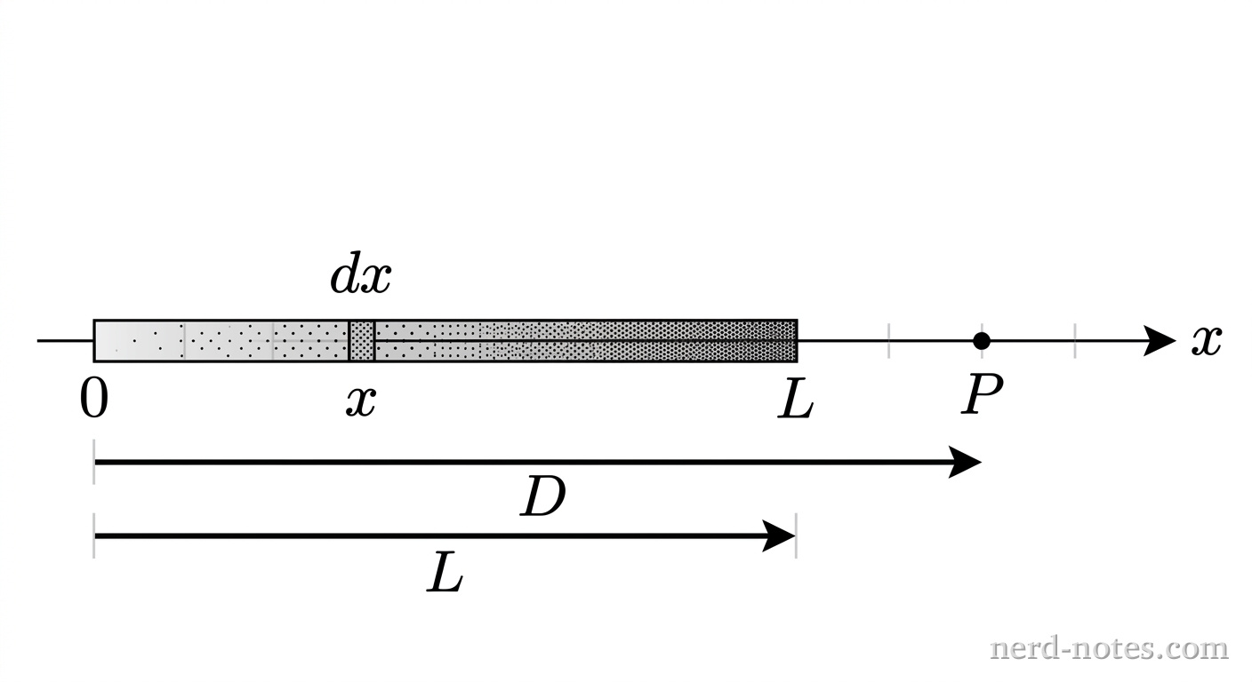 A horizontal x-axis with an origin labeled 0. A thin rod lies along the axis from x = 0 to x = L, shaded with increasing dot density from left to right to indicate non-uniform charge. A small segment of width dx is marked at position x on the rod. A point labeled P sits on the x-axis to the right at position x = D. A horizontal arrow below the axis extends from the origin to point P, labeled D. Another arrow extends from the origin to the right end of the rod, labeled L. No other labels, lines, text, or axes appear.