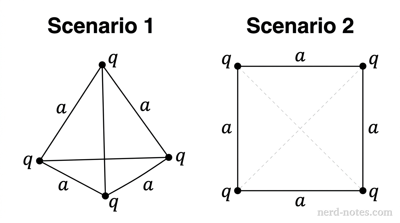 Two spatial configurations of point charges labeled Scenario 1 and Scenario 2, placed side by side. On the left, labeled Scenario 1, a regular tetrahedron rendered in thin black outlines with four vertices, each marked by a small filled circle labeled q. All six straight edges of the tetrahedron are equal in length and labeled a. On the right, labeled Scenario 2, a flat square in the plane of the page with four vertices, each marked by a small filled circle labeled q. The four outer sides of the square are labeled a, and two light dashed diagonal lines connect opposite vertices across the interior of the square. No other labels, lines, text, or axes appear.