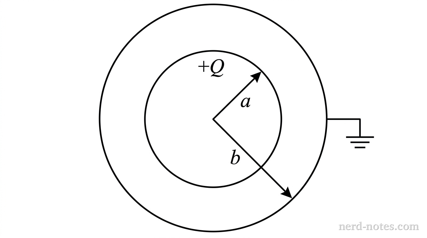 Cross section of two concentric conducting spherical shells with grounded outer shell.