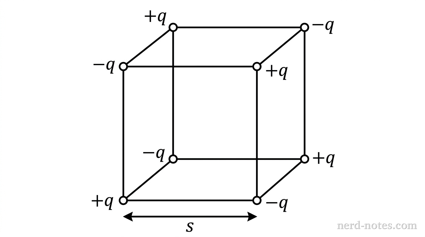 A 3D wireframe cube of side length s viewed at a three-quarter perspective. The eight vertices of the cube are marked with small filled circles labeled with charge signs. The vertex at the bottom-left-front is labeled +q, and moving along the three adjacent edges leads to three vertices labeled -q at the top-left-front, bottom-right-front, and bottom-left-back. Continuing along the remaining edges, the vertices alternate in sign such that every edge connects a +q charge to a -q charge. A double-headed arrow along one front bottom edge is labeled s. No other labels, lines, text, or axes appear.