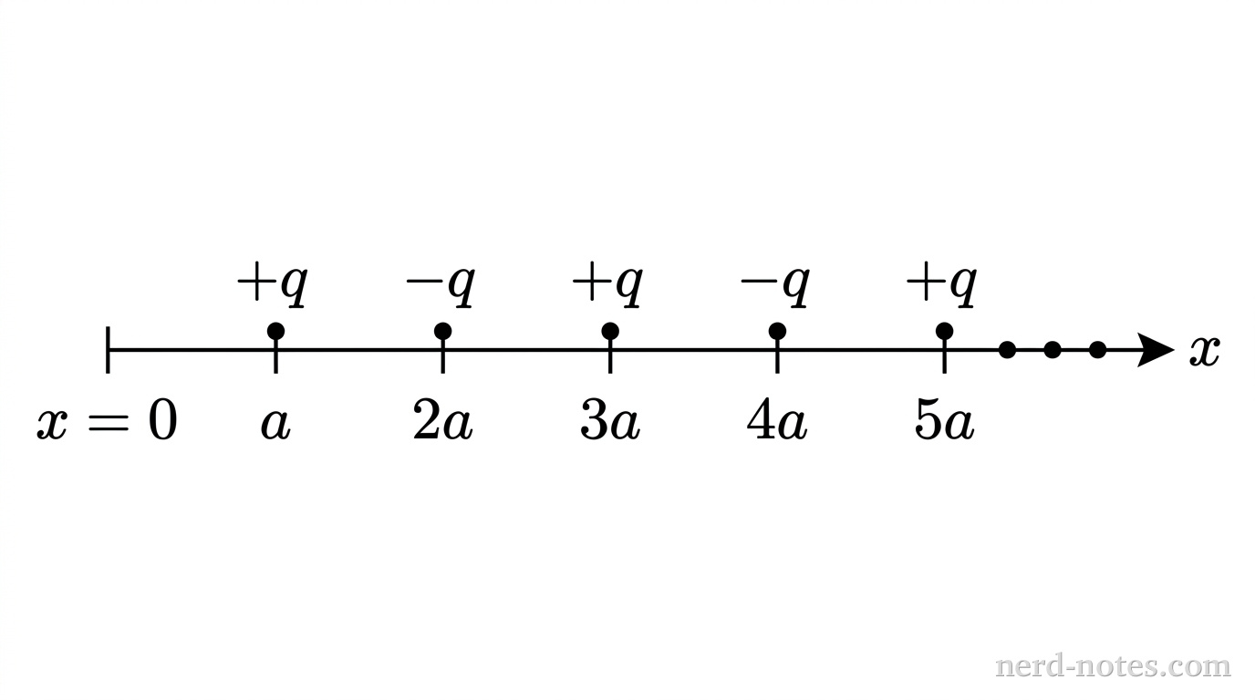 A horizontal line represents the positive x-axis, starting from a tick mark at x = 0 labeled as the origin. Tick marks are placed at x = a, 2a, 3a, 4a, and 5a. A positive point charge labeled +q is located at x = a, x = 3a, and x = 5a. A negative point charge labeled -q is located at x = 2a and x = 4a. Three dots extend to the right of x = 5a to indicate that the pattern continues infinitely. No other labels, lines, text, or axes appear.