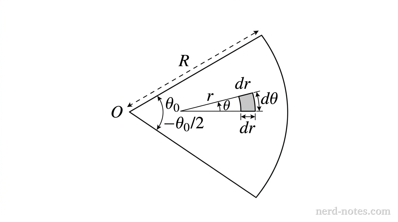 A flat circular sector of radius R and subtended angle \theta_0 lies in the xy-plane with its vertex at the origin labeled O. The sector extends symmetrically from angle -\theta_0/2 to +\theta_0/2 relative to the positive x-axis. A small shaded differential area element is located at distance r from the origin and angle \theta from the x-axis, with radial width dr and angular width d\theta. A straight dashed line segment labeled R extends from the origin along the upper straight edge of the sector to its outer circular arc. No other labels, lines, text, or axes appear.