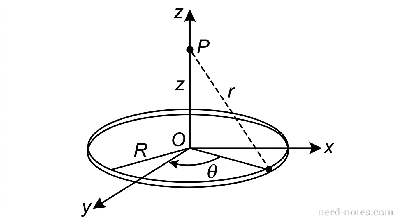 A three-dimensional Cartesian coordinate system showing x, y, and z axes meeting at an origin. A thin circular ring of radius R lies flat in the xy-plane, centered at the origin. An angle theta is indicated in the xy-plane measured counterclockwise from the positive x-axis to a point on the ring. A point labeled P lies on the positive z-axis at a height z above the origin. A straight dashed line segment connects a point on the ring at angle theta to point P on the z-axis, with the segment labeled r. A curved arrow along the ring shows the angle theta starting from the x-axis. No other labels, lines, text, or axes appear.