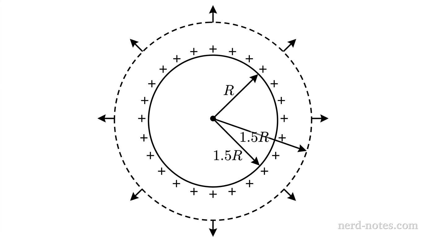 A two-dimensional cross-sectional diagram showing two concentric dashed and solid circles representing a spherical shell. The inner circle is solid with radius labeled R, extending from the center to the edge of the inner circle with a single-headed arrow. The outer circle is dashed with a radius arrow extending from the center to the outer circle, labeled 1.5R. Small positive plus signs (+) are distributed uniformly around the perimeter of the inner solid circle. Four small outward-pointing arrows are spaced evenly around the outer circle, indicating radial expansion. The center point is marked with a small black dot. No other labels, lines, text, or axes appear.