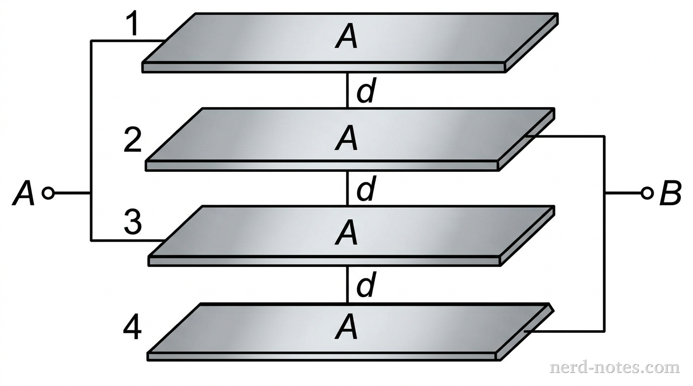 A side view diagram of a multi-plate capacitor array with 4 horizontal parallel metal plates stacked vertically with uniform gap spacing d. The plates are numbered 1, 2, 3, 4 from top to bottom. Plates 1 and 3 are connected on the left side by a vertical wire extending to terminal A. Plates 2 and 4 are connected on the right side by a vertical wire extending to terminal B. The surface area of each plate is labeled A, and the gap between each pair of adjacent plates is labeled d. No other labels, lines, text, or axes appear.
