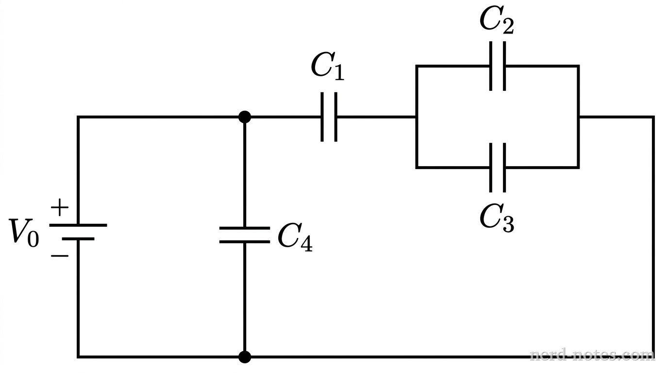 Circuit network of four capacitors connected to a battery.