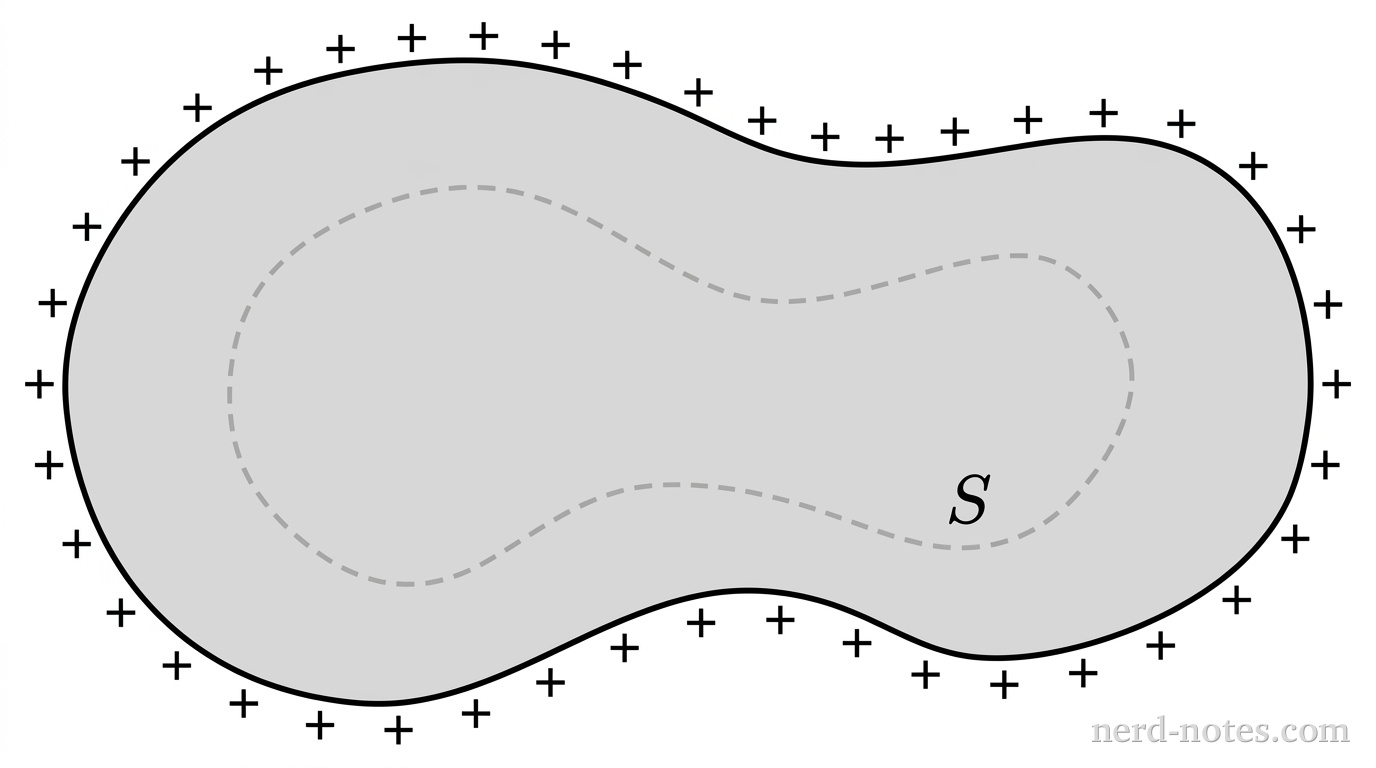 A solid conductor carrying charge Q, with a Gaussian surface S drawn inside its bulk volume.