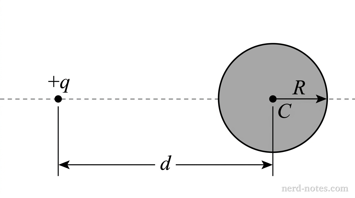 A horizontal dashed line represents the central line of symmetry. On the right, a solid gray circle represents an uncharged conducting sphere of radius R, with its center marked as point C. On the left, a small black circle representing a point charge +q is positioned on the central axis at a distance d from point C. An arrow below the line indicates the distance d between +q and point C, with d > R. No other labels, lines, text, or axes appear.