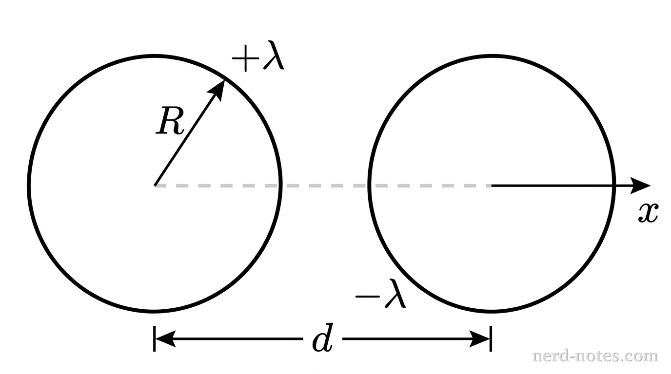 A clean cross-sectional diagram showing two parallel conducting cylinders end-on in a two-dimensional plane. On the left is a circle of radius \(R\) labeled with charge density \(+\lambda\). On the right, separated horizontally by a center-to-center distance \(d\), is an identical circle of radius \(R\) labeled with charge density \(-\lambda\). A horizontal dashed line segment connects the center of the left circle to the center of the right circle, with a double-headed dimension arrow below it labeled \(d\). A radial line segment from the center of the left circle to its top edge is labeled with radius \(R\). A horizontal axis labeled \(x\) starts at the center of the left circle and points to the right toward the right circle. No other labels, lines, text, or axes appear.
