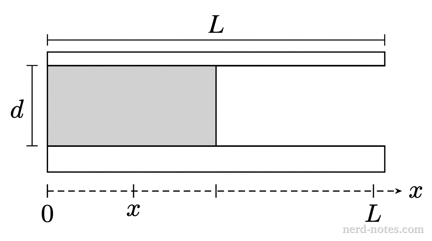 A side view of a parallel-plate capacitor with two horizontal parallel rectangular plates of length L separated vertically by distance d. A rectangular dielectric slab of length L and thickness d is partially inserted from the left between the plates to a distance x. The region of length x containing the dielectric is shaded gray. The remaining region of length L minus x between the plates is unshaded white space representing vacuum. A horizontal dashed coordinate axis x extends along the bottom plate, with origin x equals 0 at the left edge of the plates and x equals L at the right edge. No other labels, lines, text, or axes appear.