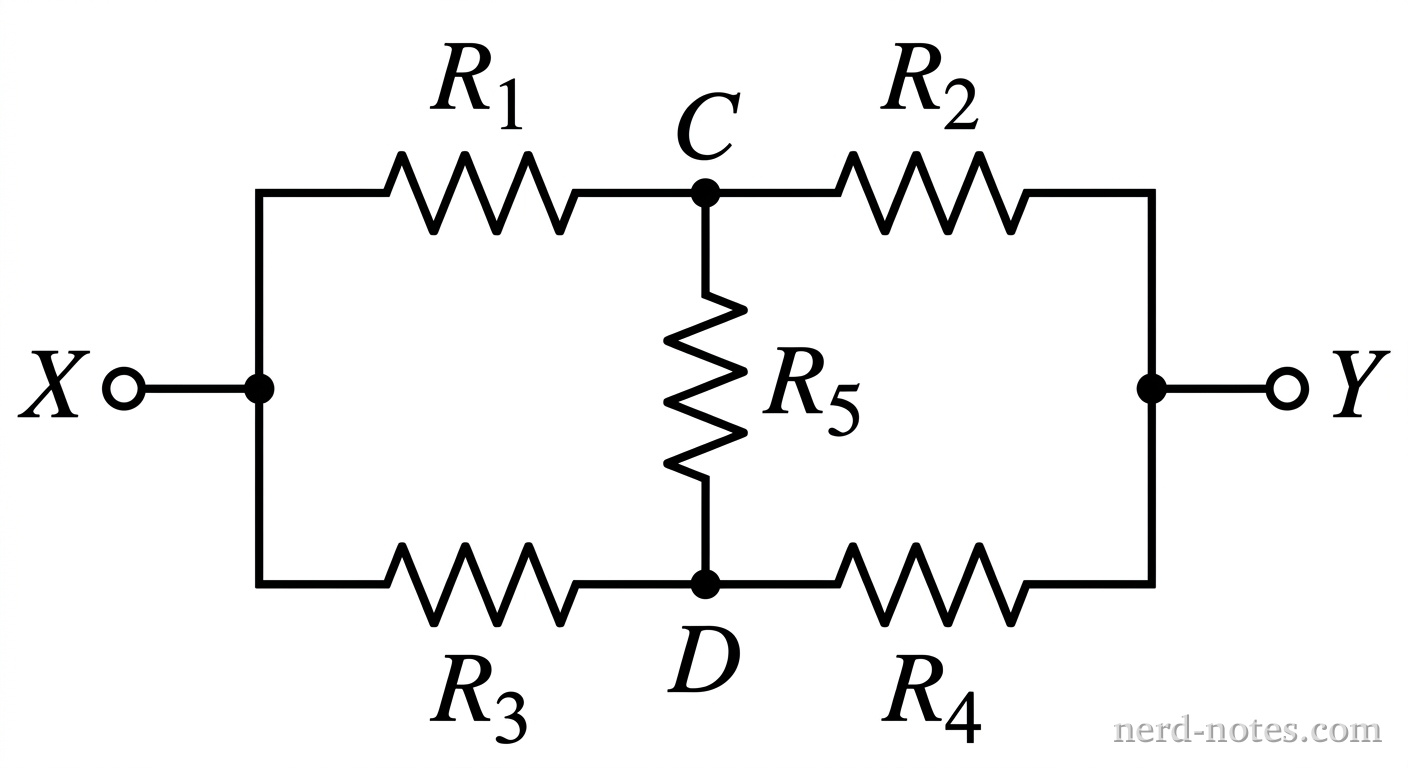 Bridge circuit network of five identical resistors connected between terminals X and Y.